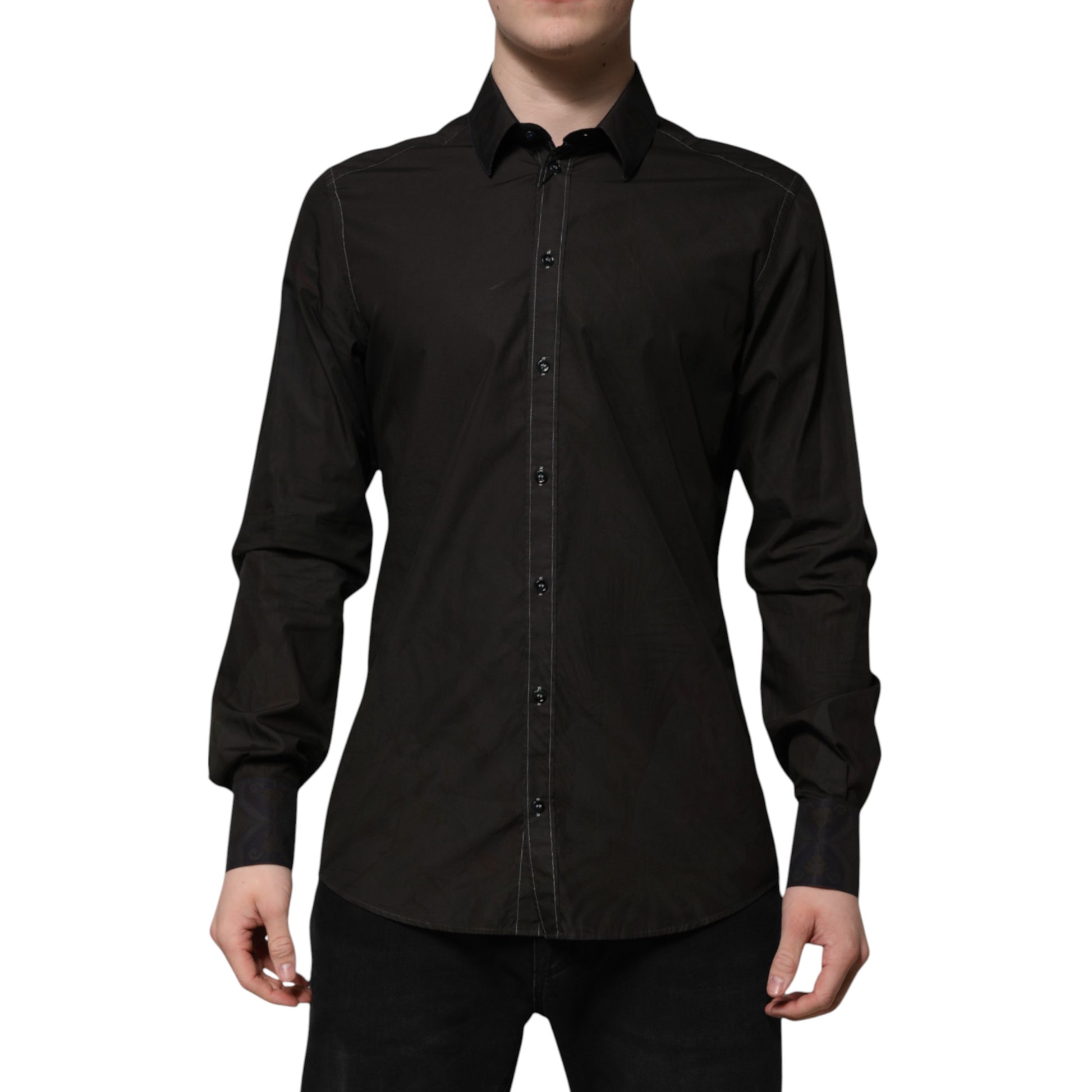 Men's black cotton jacquard dress shirt with gold collar