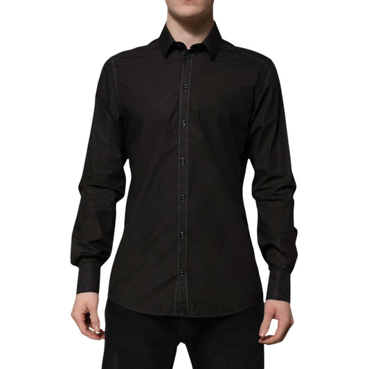 Men's black cotton jacquard dress shirt with gold collar