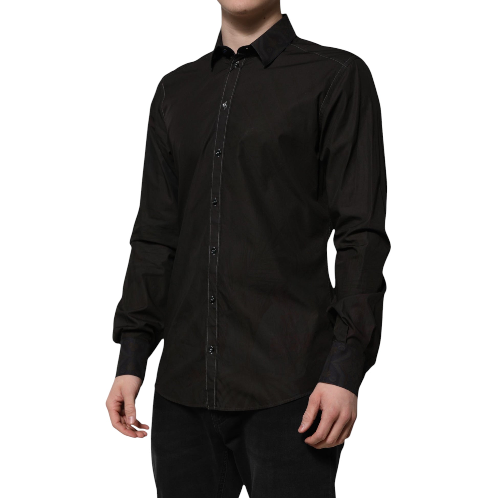 A black cotton jacquard dress shirt with a gold collar