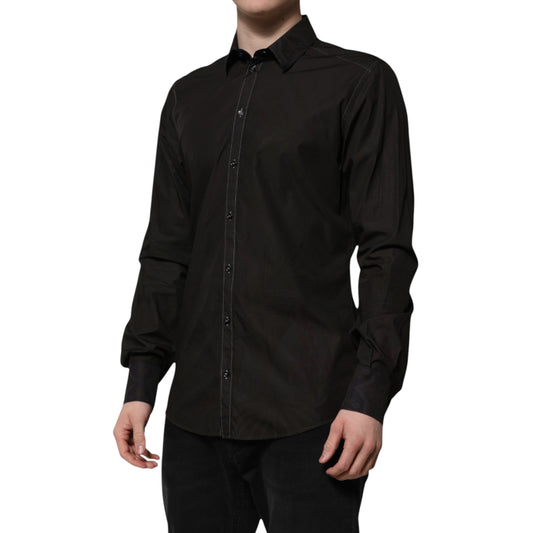 A black cotton jacquard dress shirt with a gold collar