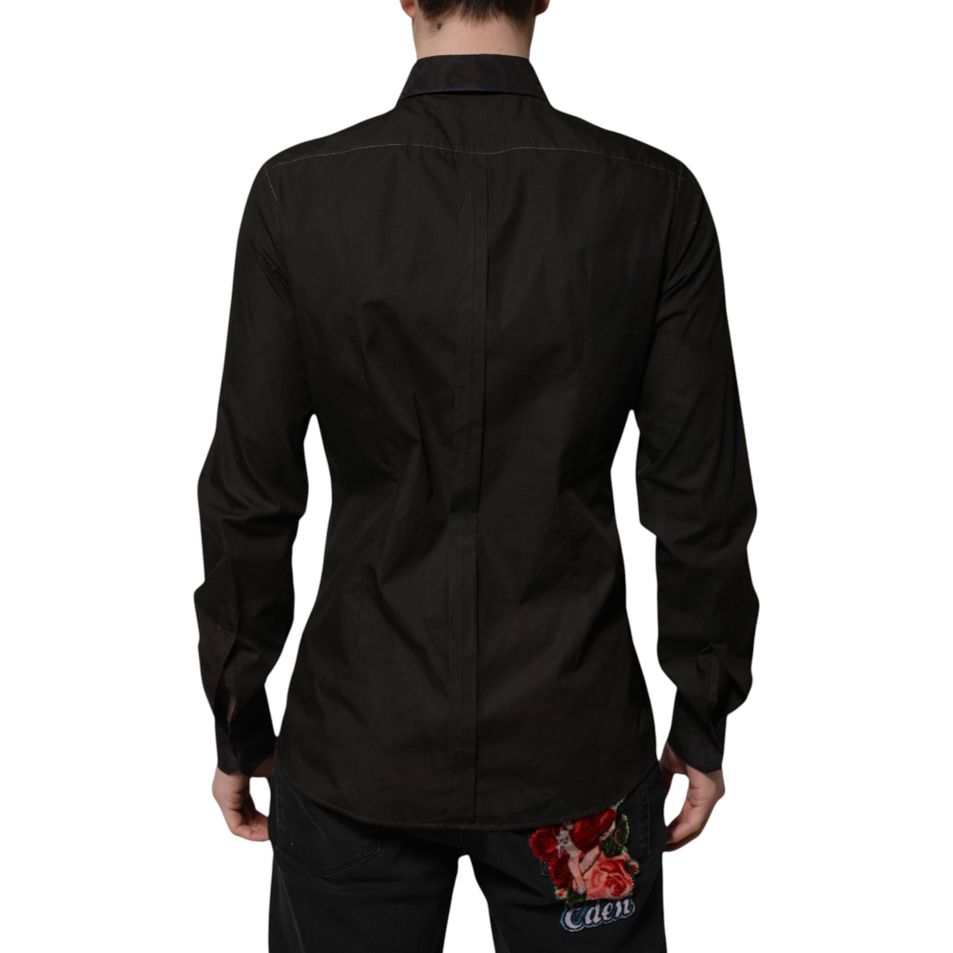 A black cotton jacquard dress shirt with a gold collar