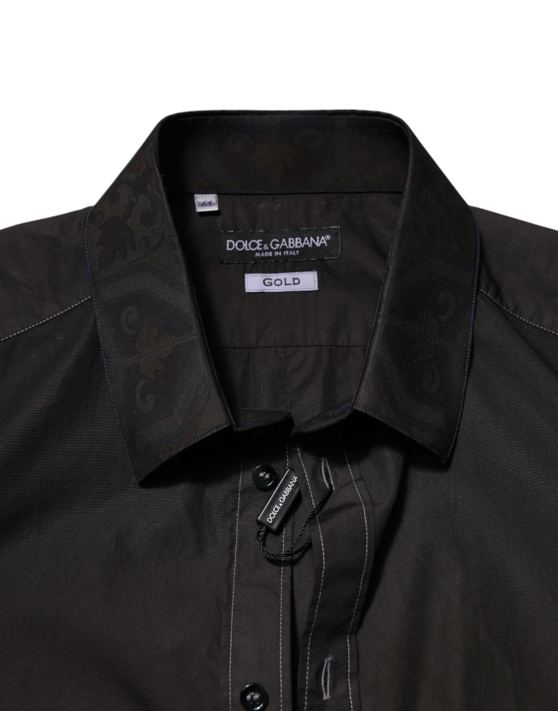 A black cotton jacquard dress shirt with a gold collar