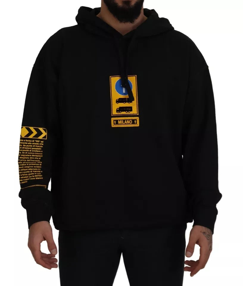 Black hoodie with yellow logo on front