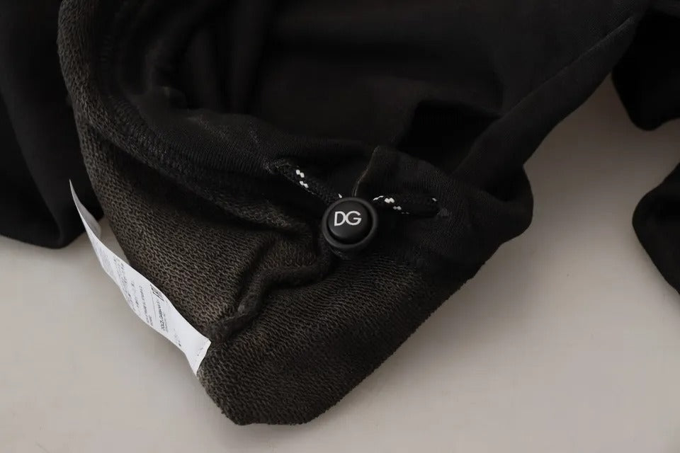 Black cloth hoodie with white logo on front