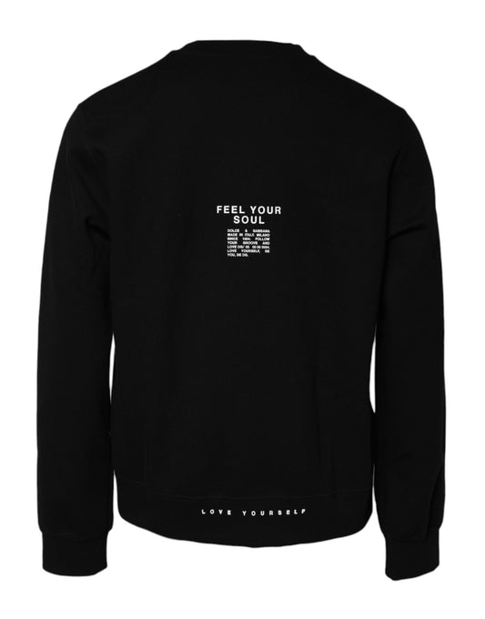 Black sweatshirt with white lettering on back