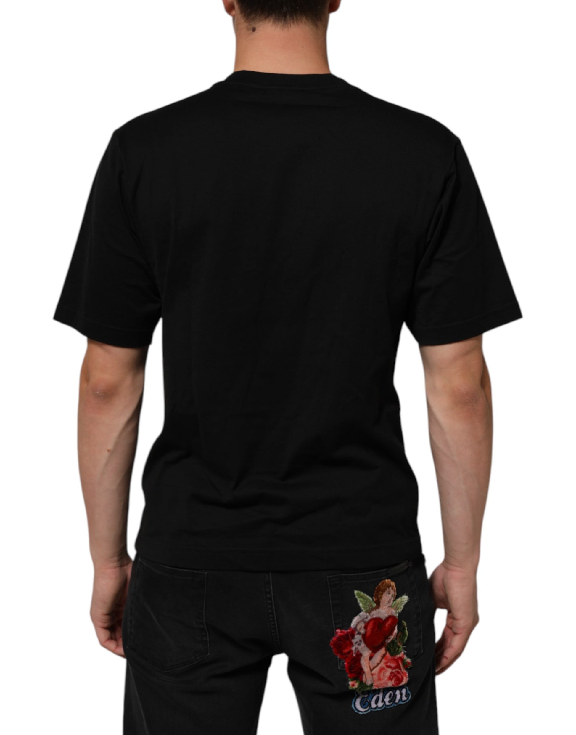 Black t-shirt with floral design on back
