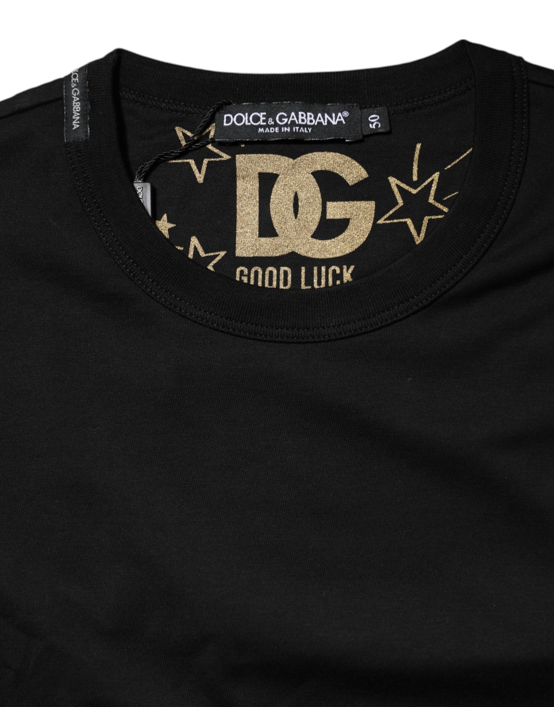 Black t-shirt with gold lettering and stars