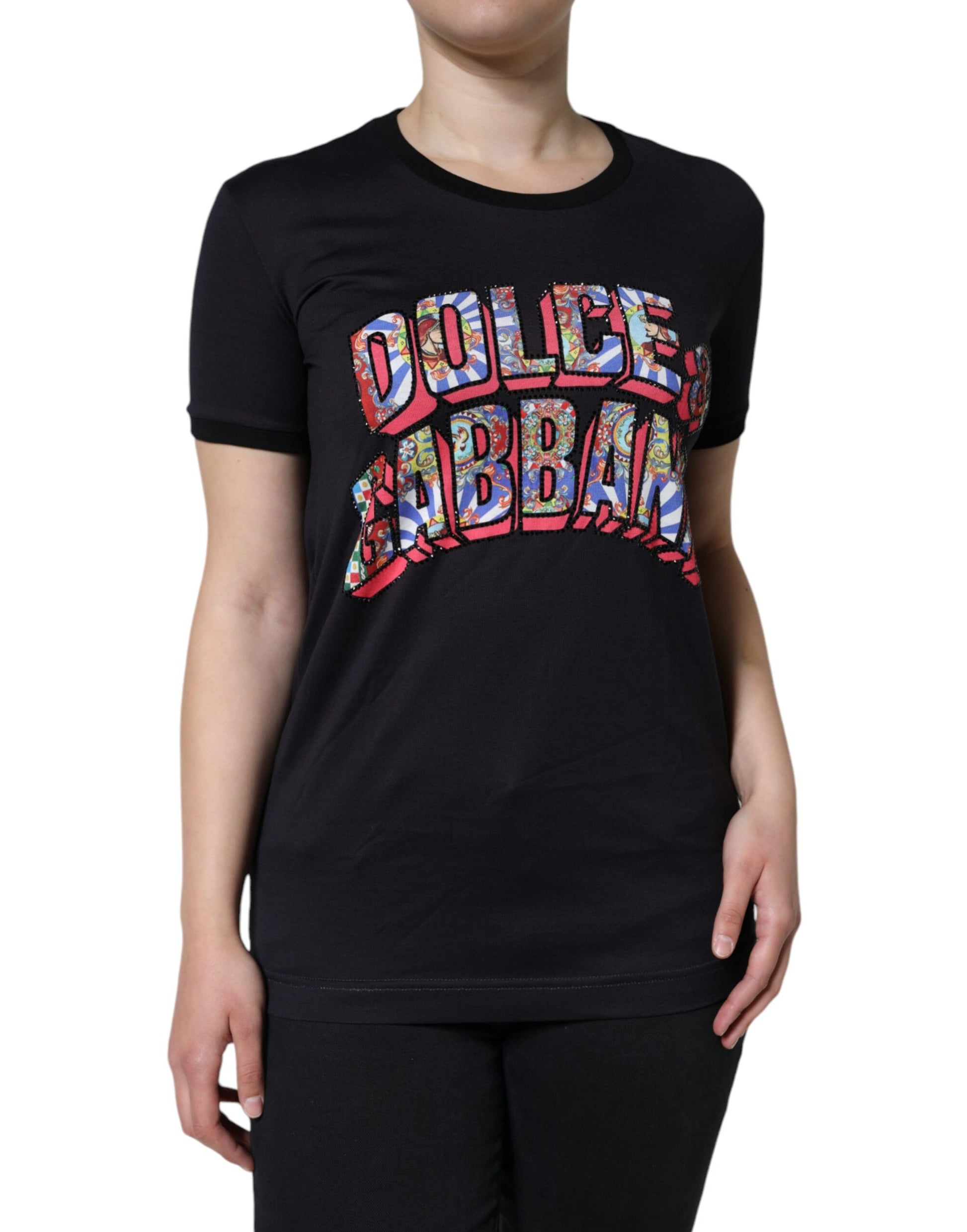 Black t-shirt with colorful graphic print