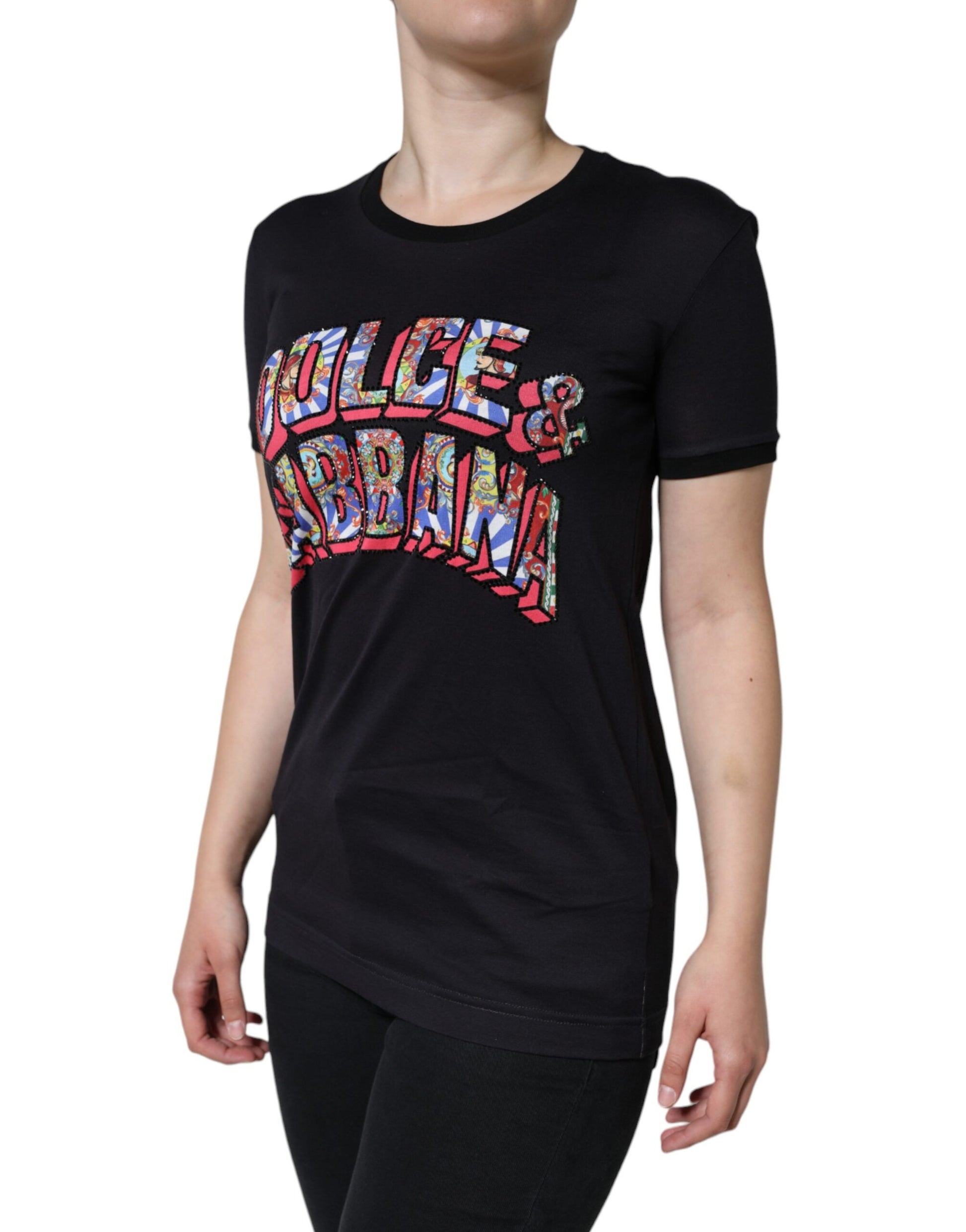Black t-shirt with colorful graphic print