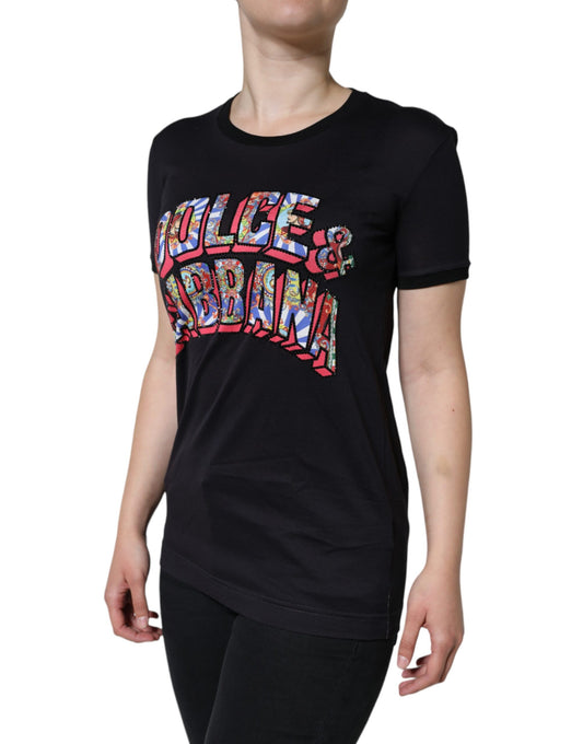 Black t-shirt with colorful graphic print