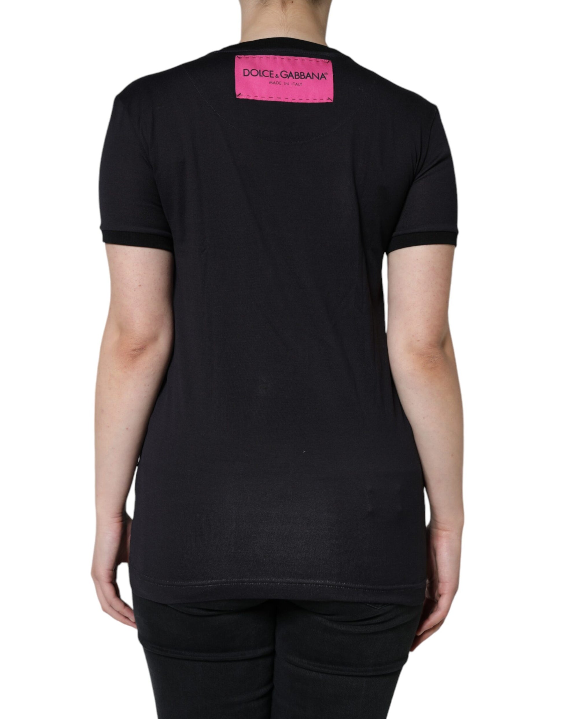 Black t-shirt with pink label on back