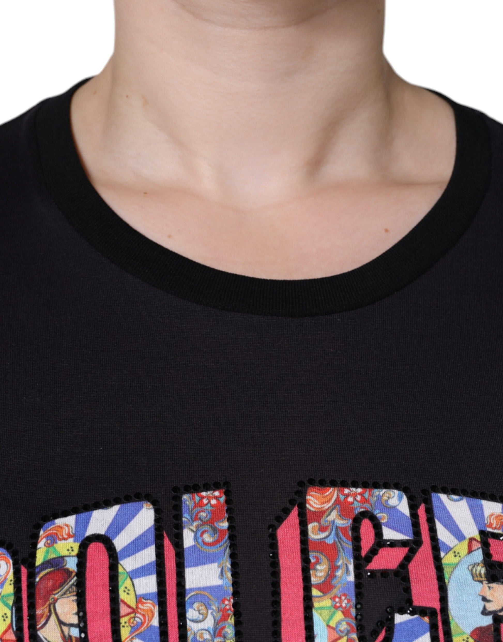 Black t-shirt with colorful graphic design on front