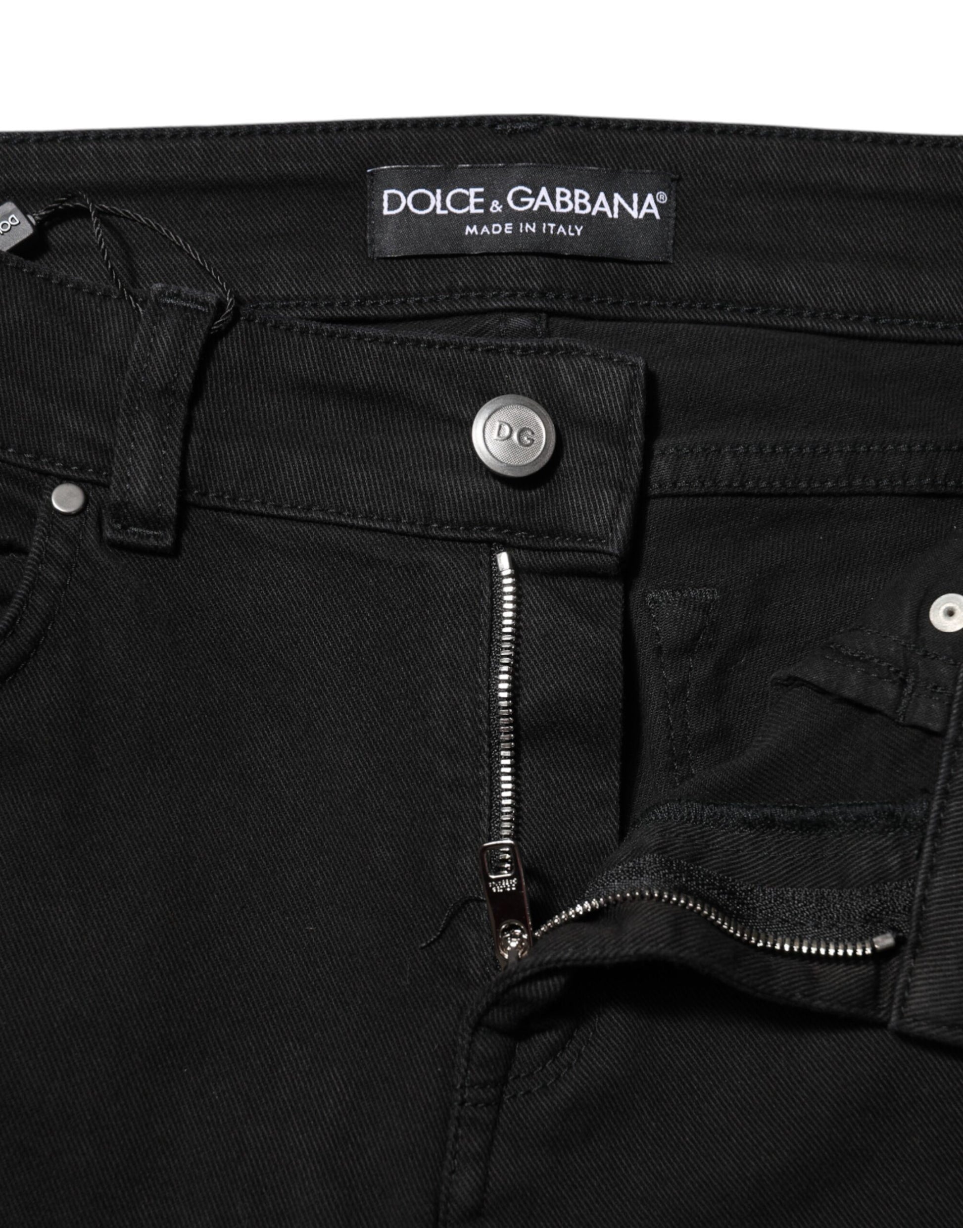 Black denim jeans with zipper detail on front