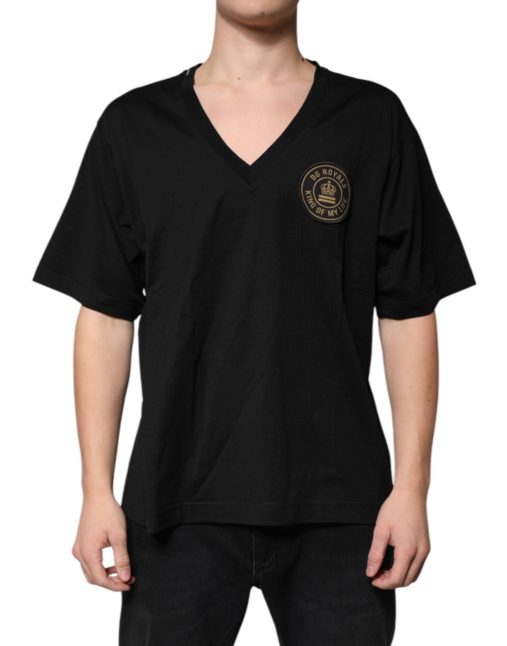 A black cotton t-shirt with a logo on the chest