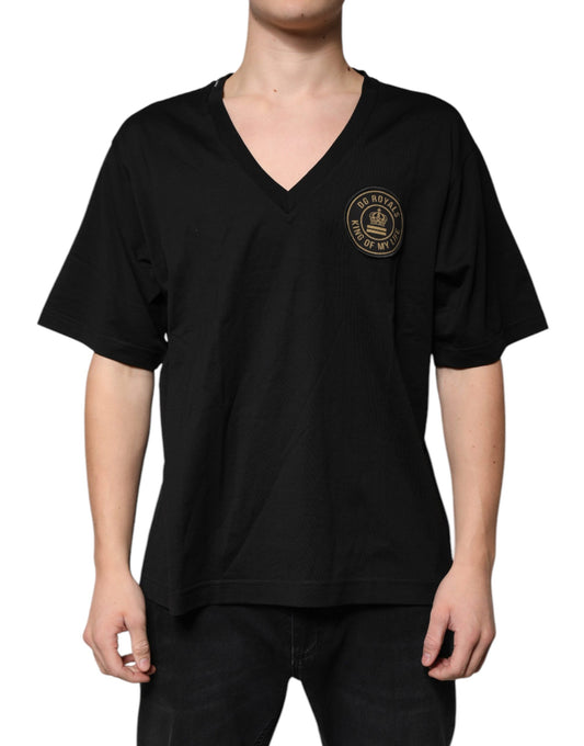 A black cotton t-shirt with a logo on the chest