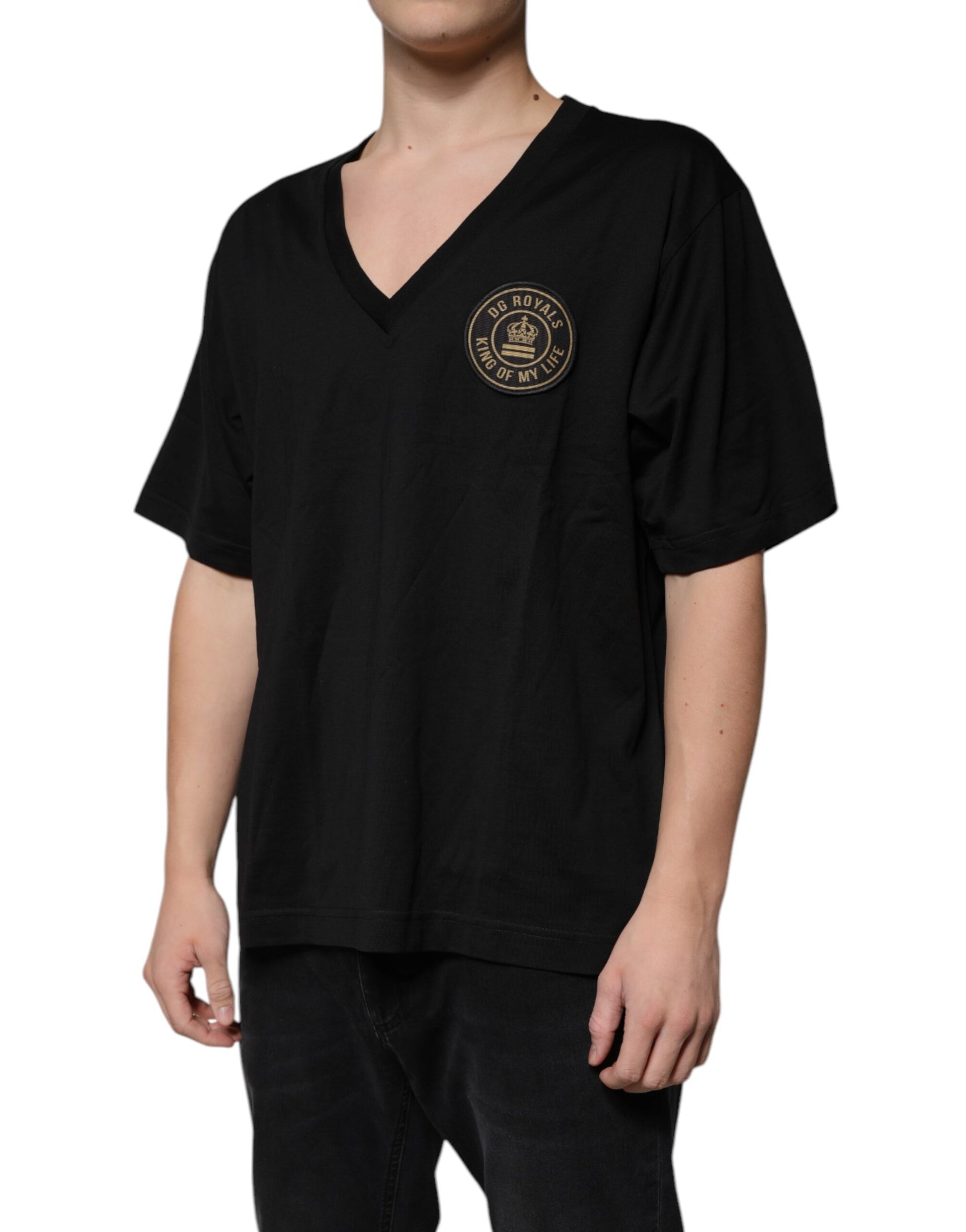 A black cotton t-shirt with a logo on the chest