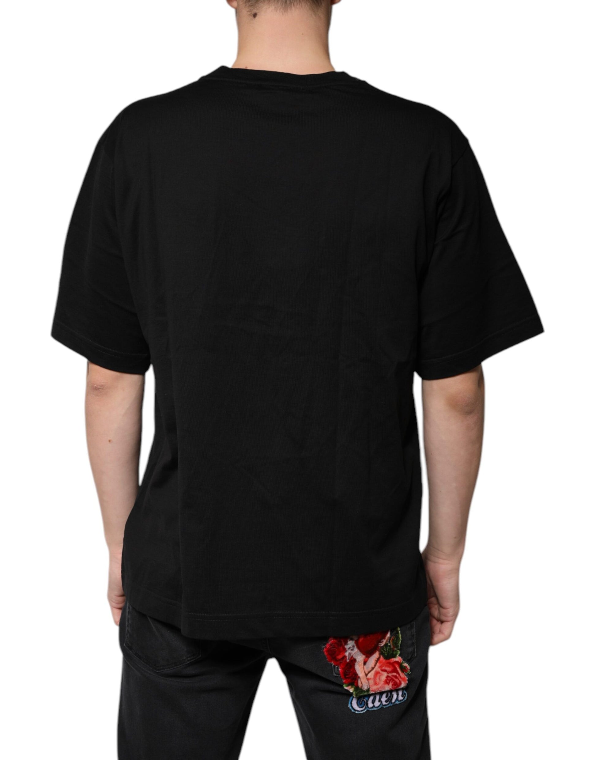 A black cotton t-shirt with a v-neck and short sleeves