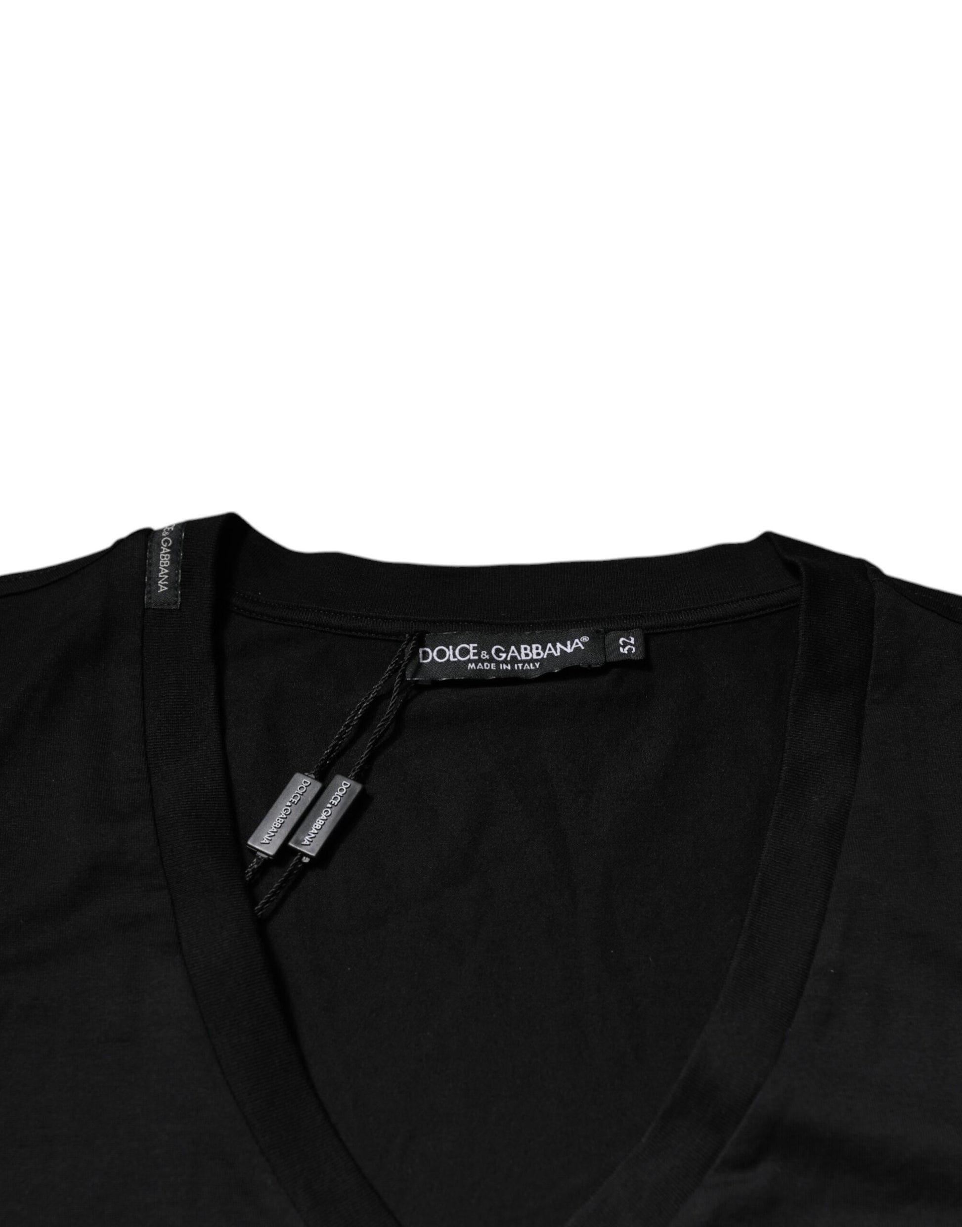 A black cotton v-neck t-shirt with a logo on the front