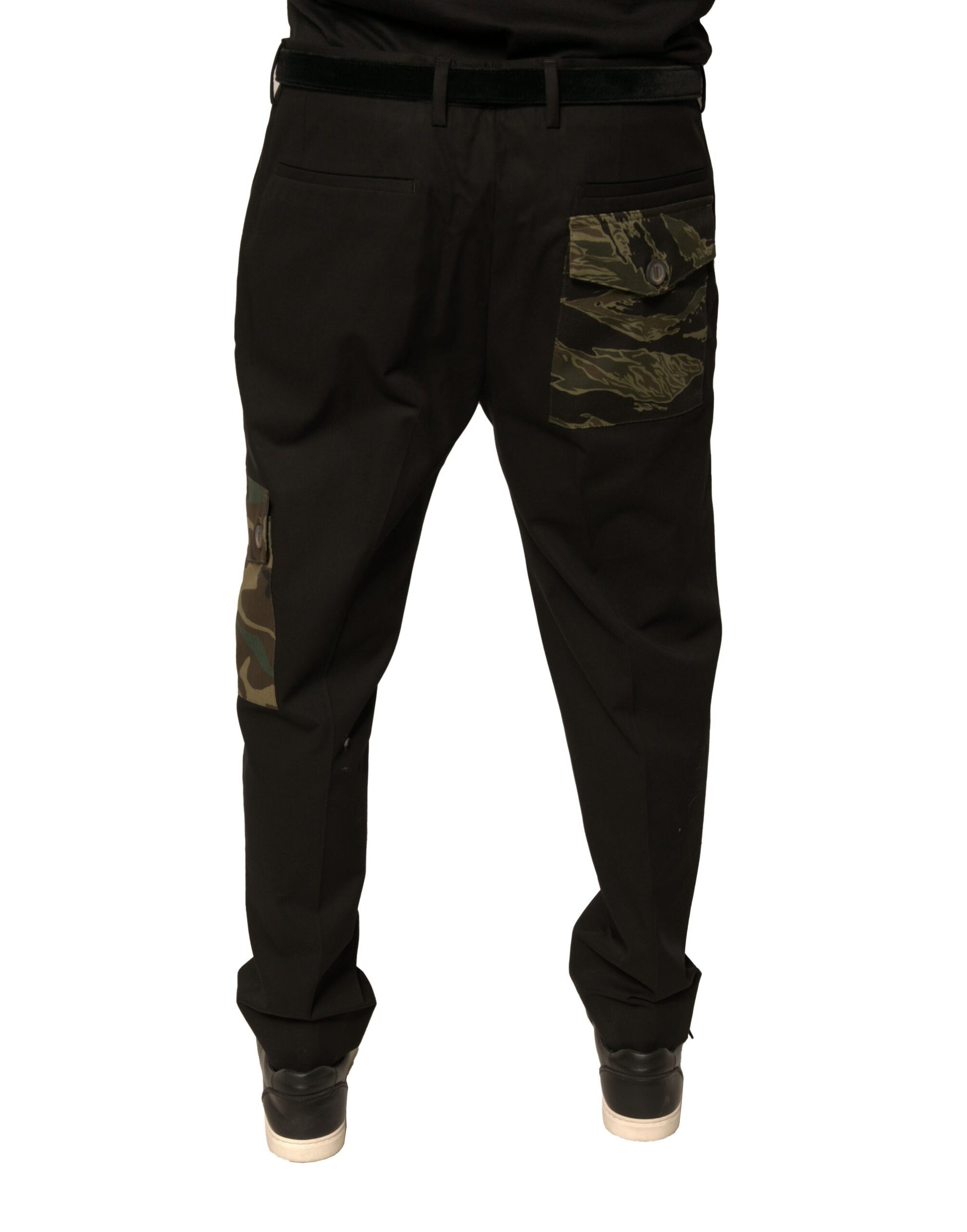 Pair of black cargo pants with camouflage pattern on legs