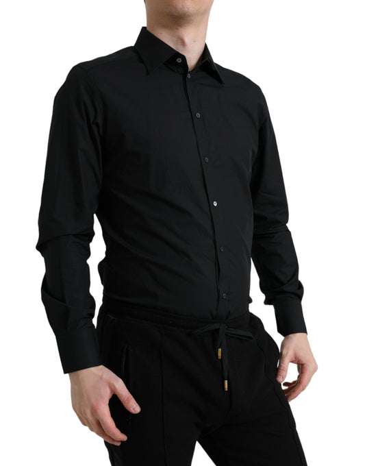 A black cotton men's formal dress shirt with gold accents