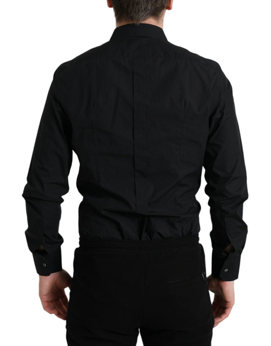 A black cotton men's formal dress shirt with a gold design