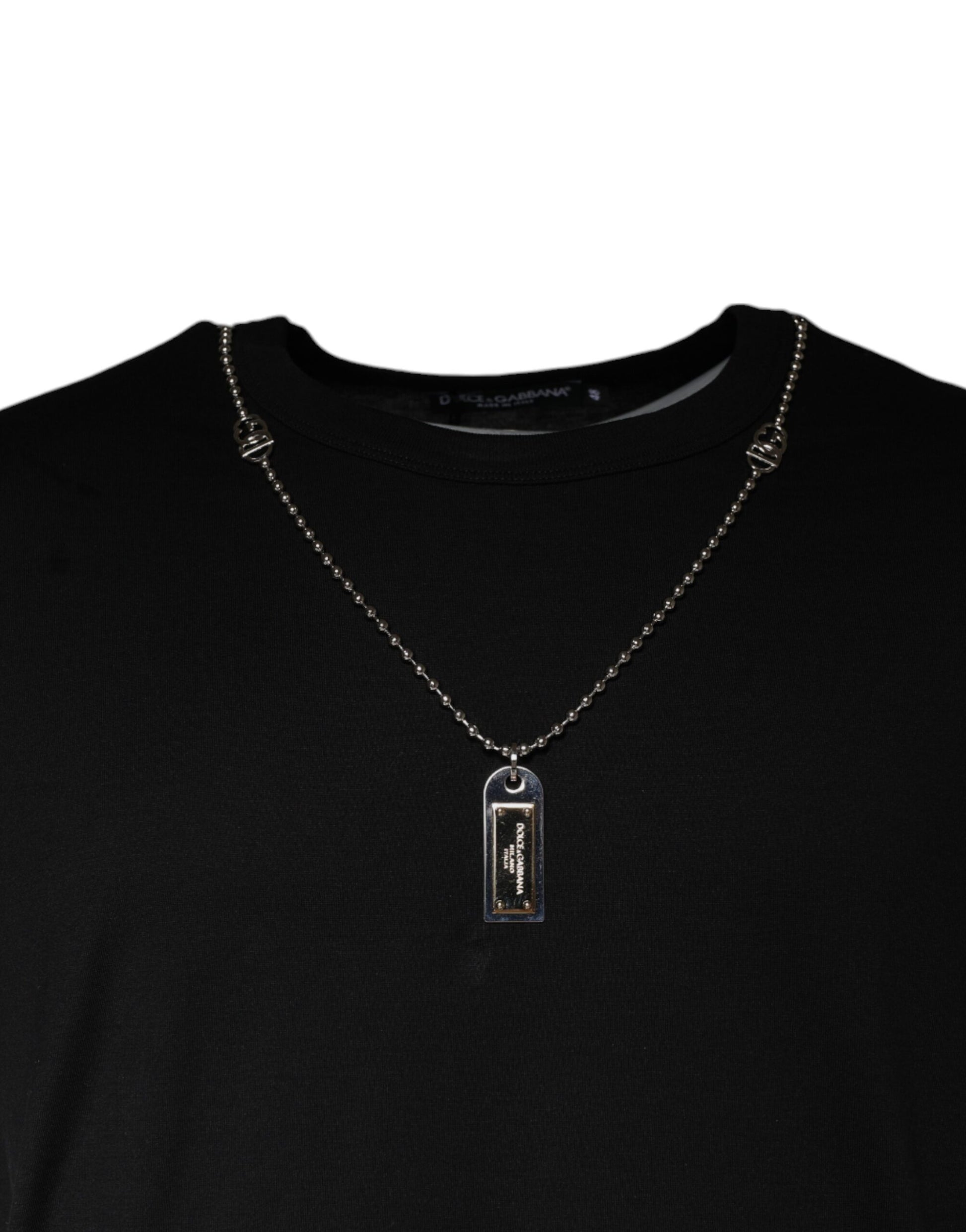 Black shirt with silver chain necklace