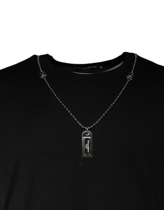 Black shirt with silver chain necklace