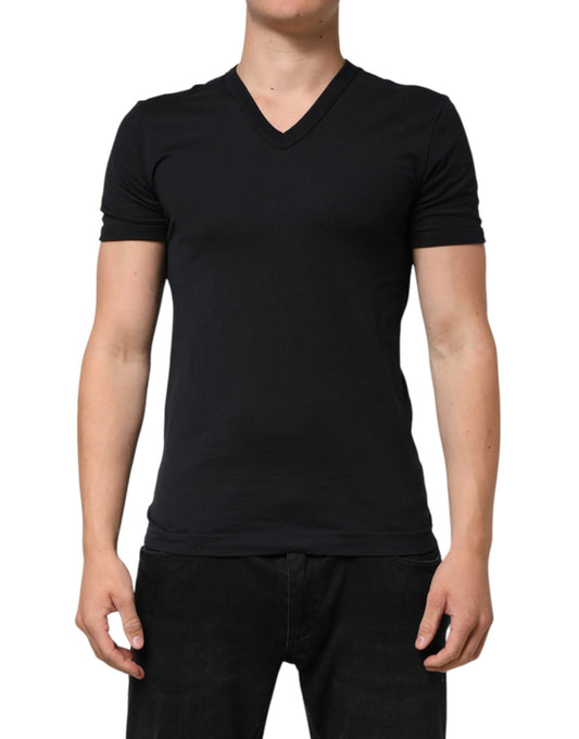 Man wearing dark blue V-neck shirt