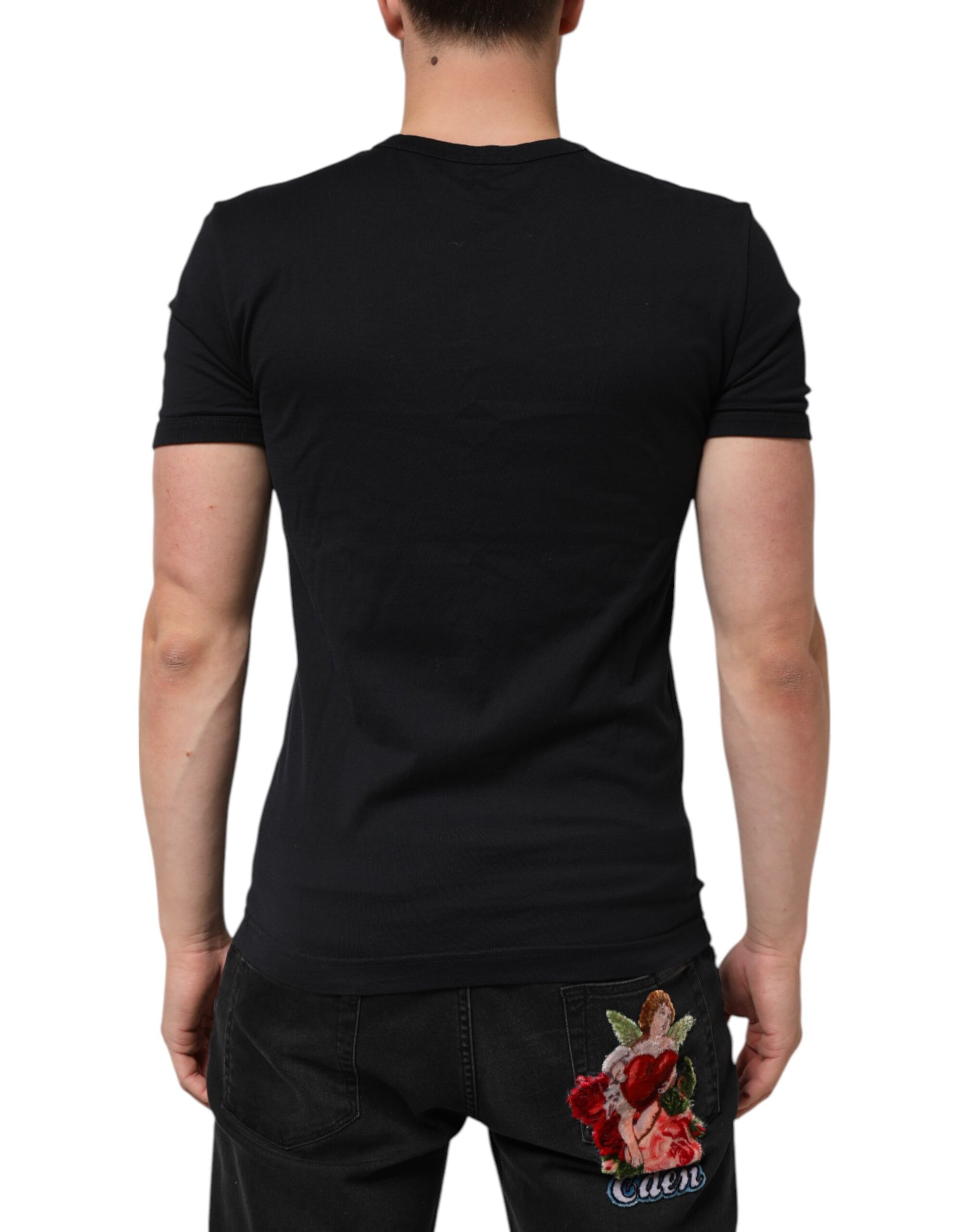 Black t-shirt with red flower design on back