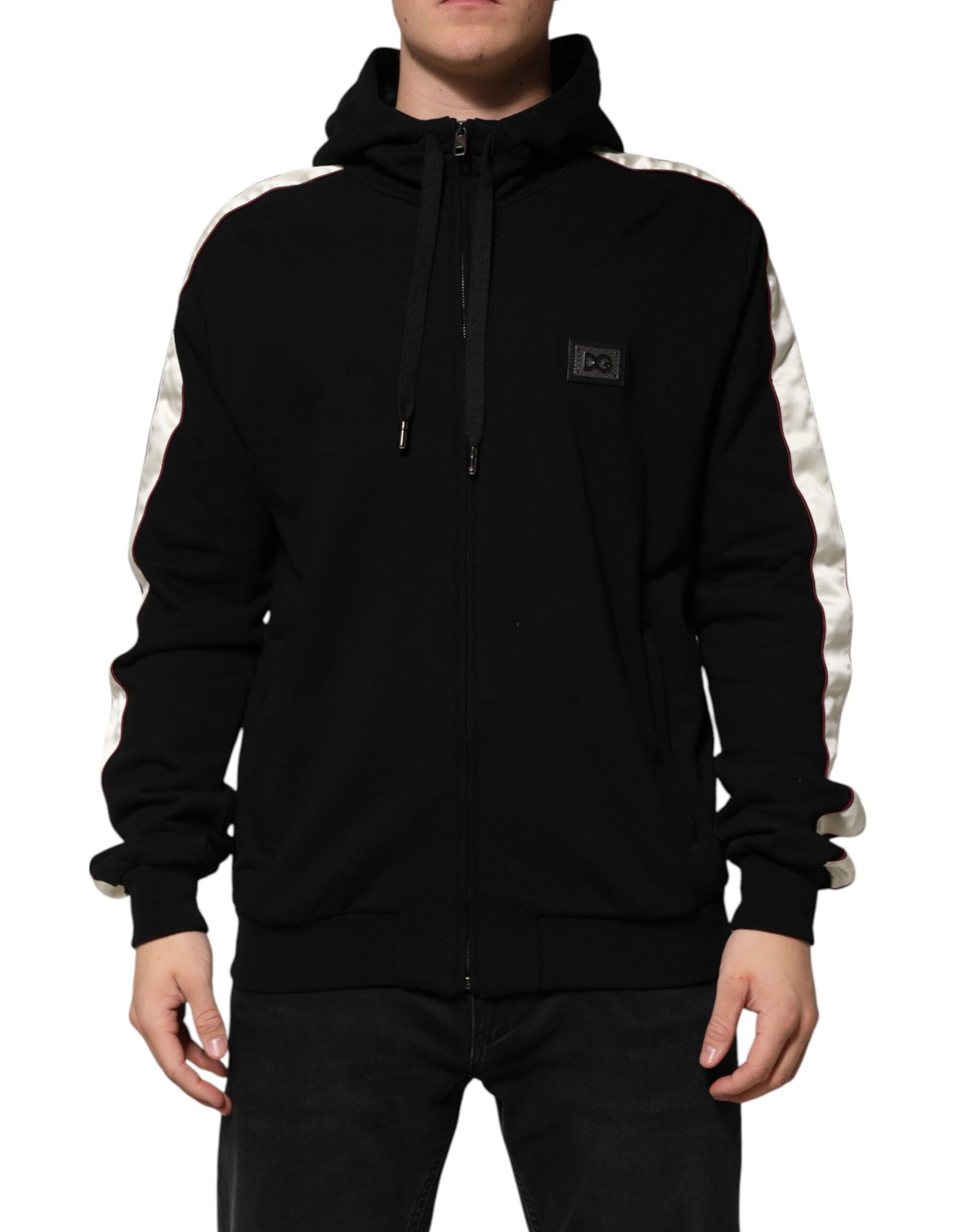 Black hoodie with white stripe on sleeve