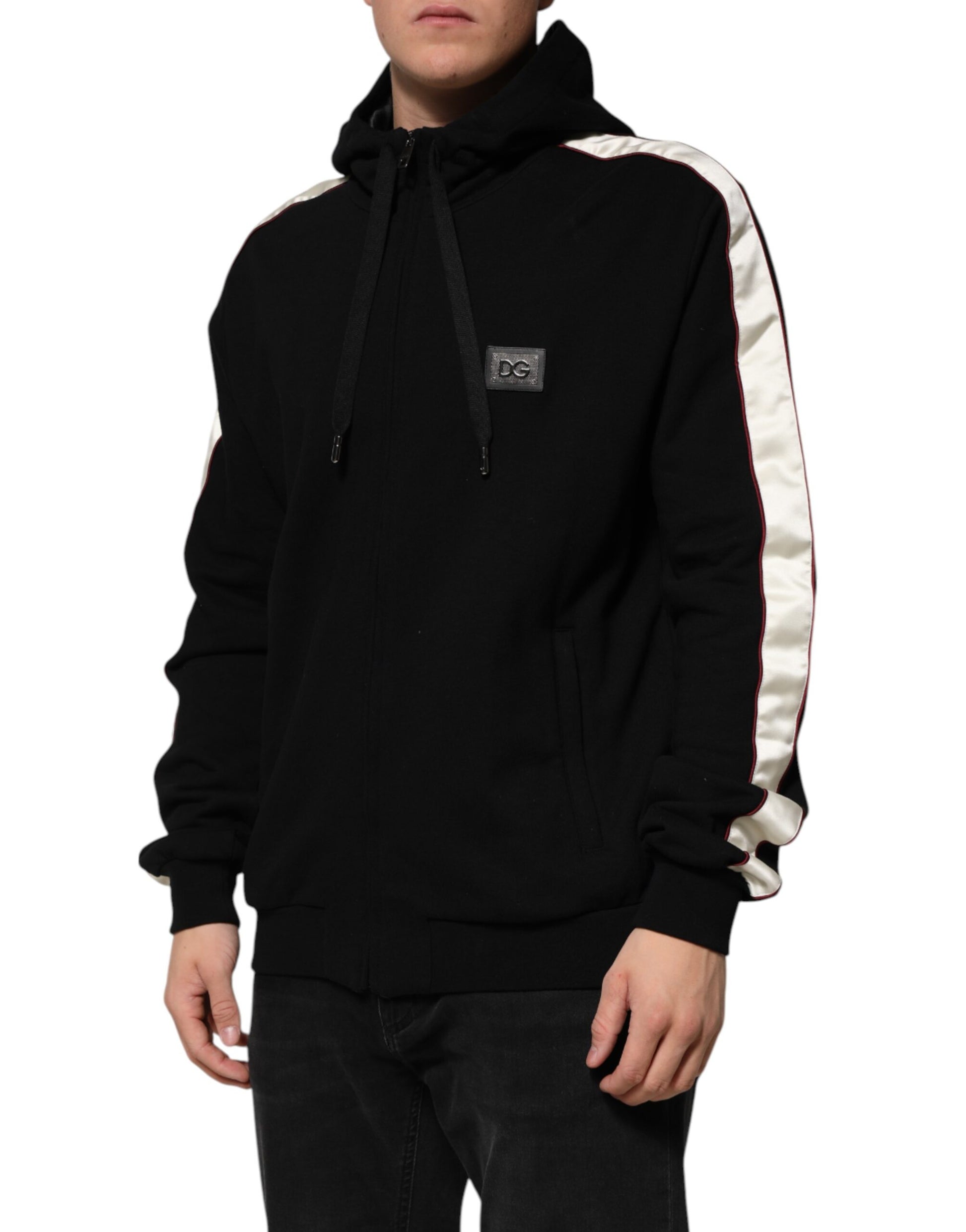 Black hoodie with white stripe on sleeve