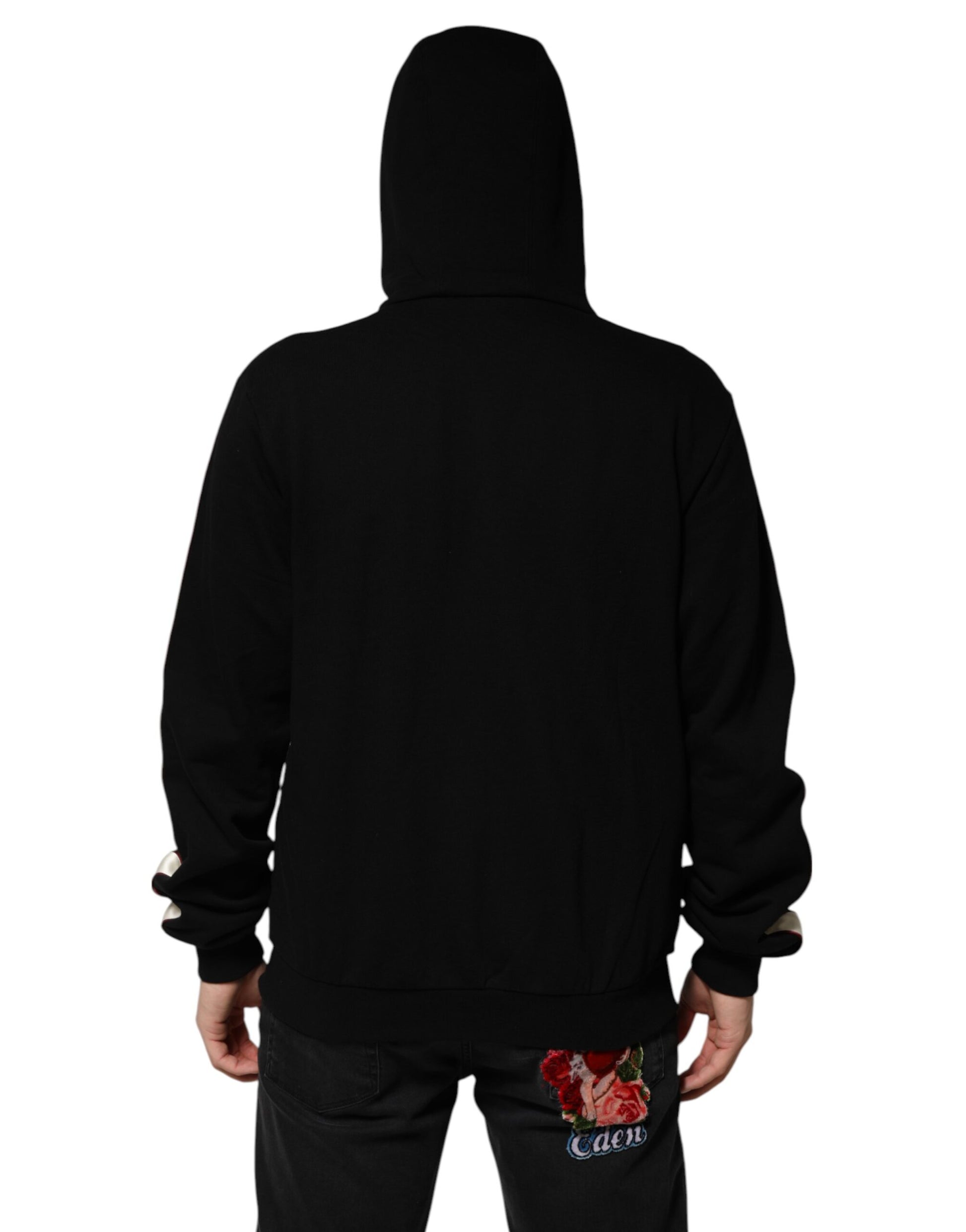 Black hoodie with white stripes on sleeves