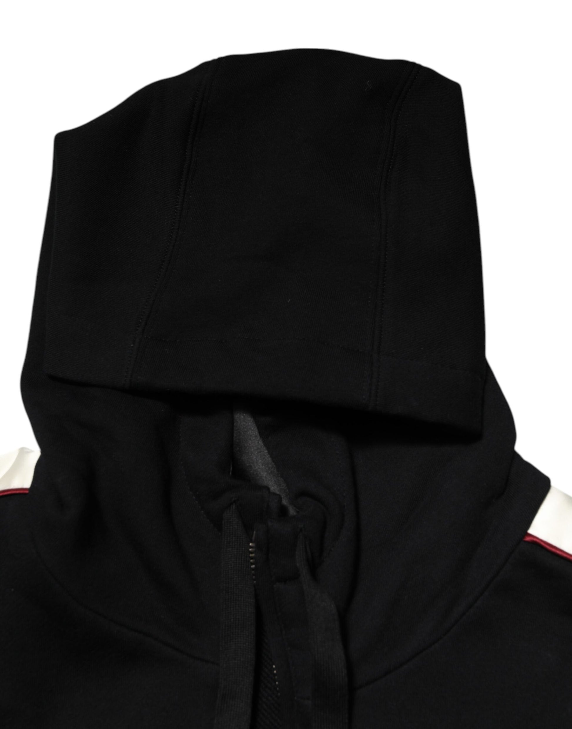 Black hooded sweatshirt with red stripe on sleeve