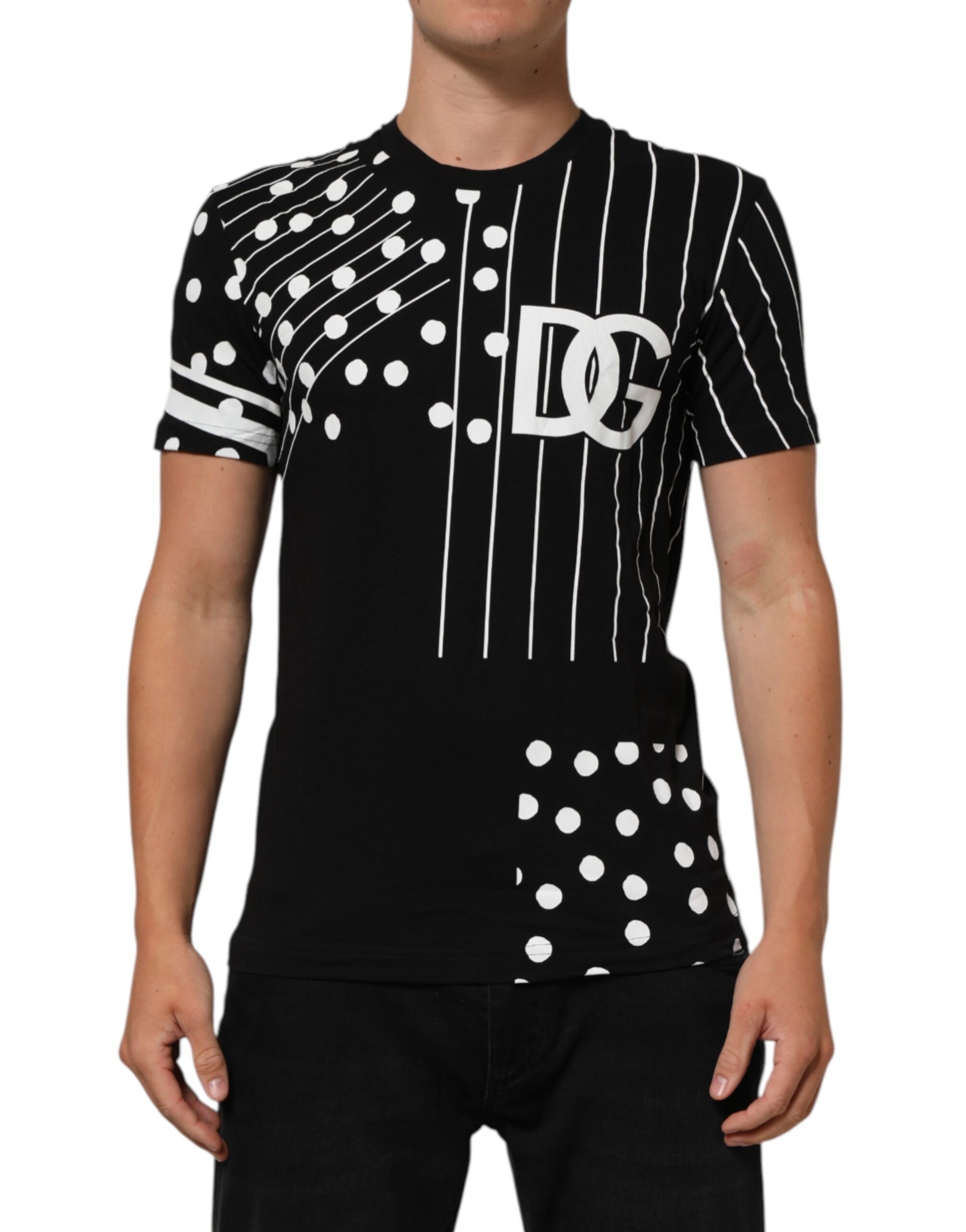 Black and white short sleeve shirt with polka dots and lettering