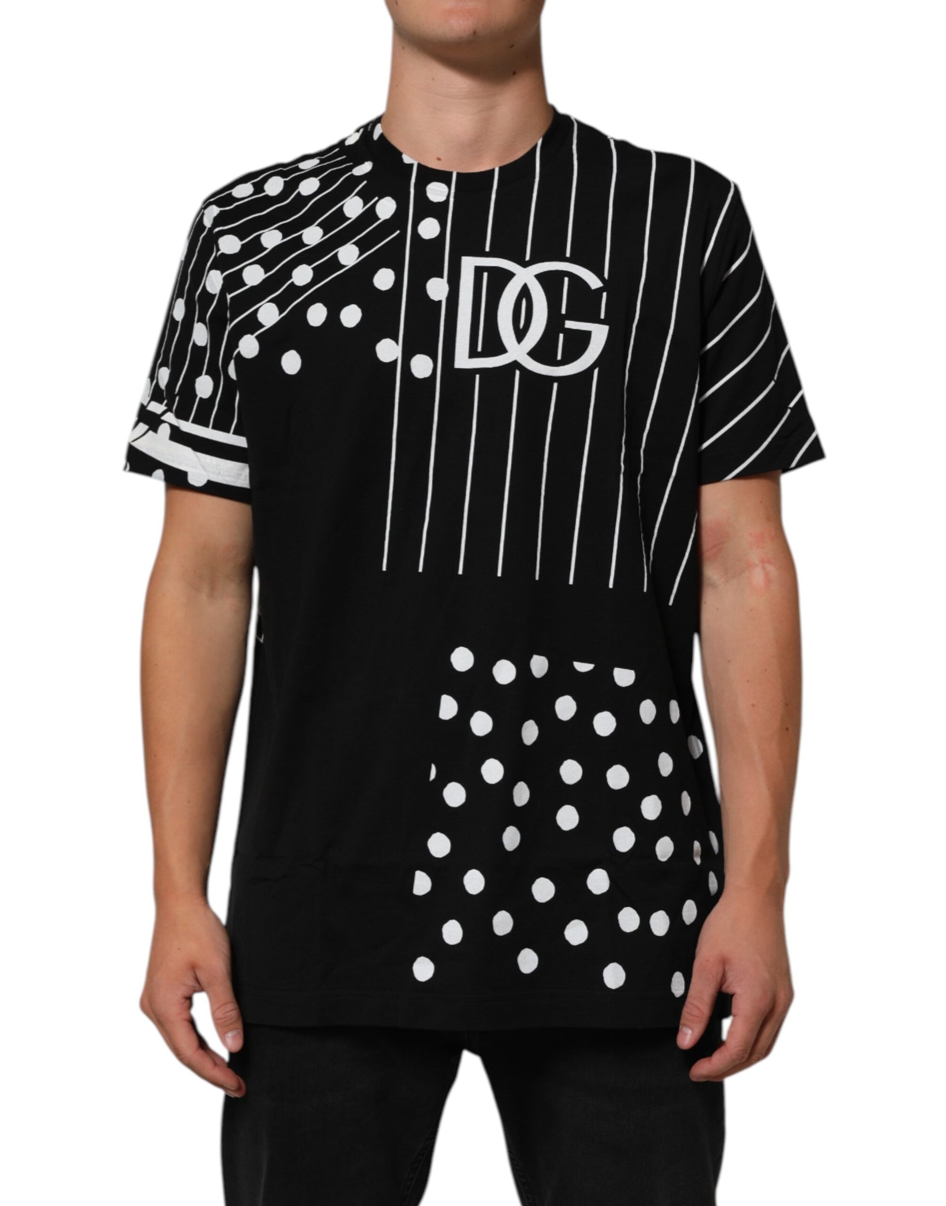 Black and white baseball jersey with polka dots on sleeve