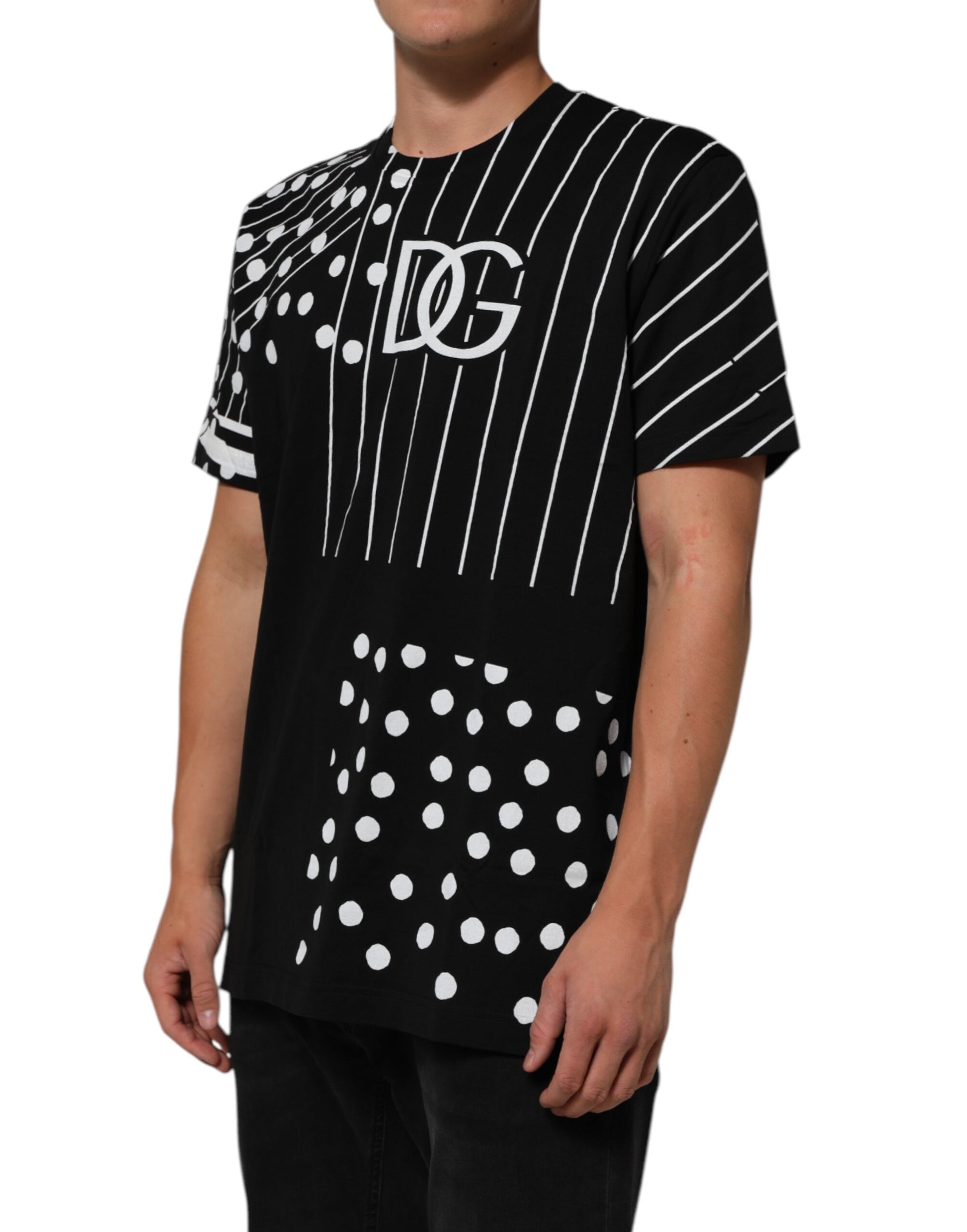 Black and white baseball shirt with polka dots on sleeve