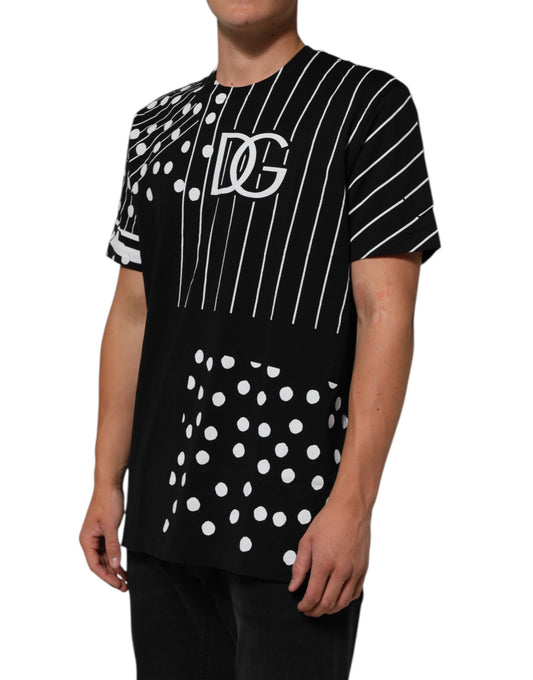 Black and white baseball shirt with polka dots on sleeve