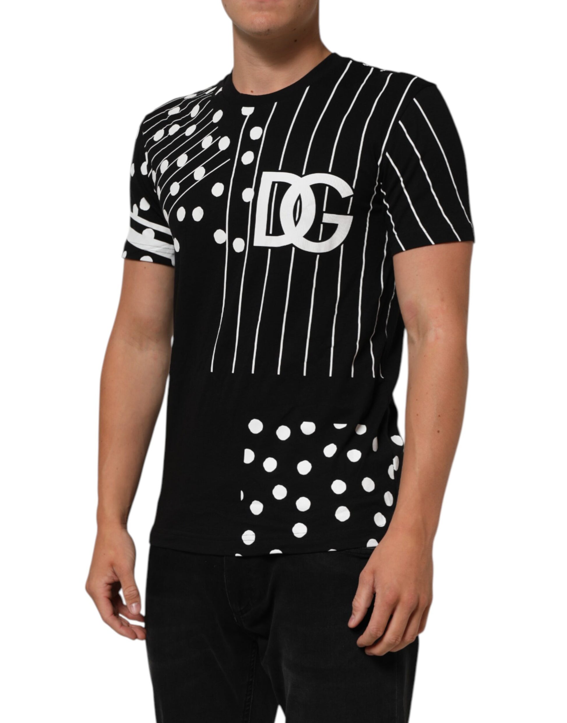 Black and white striped shirt with polka dots on sleeve