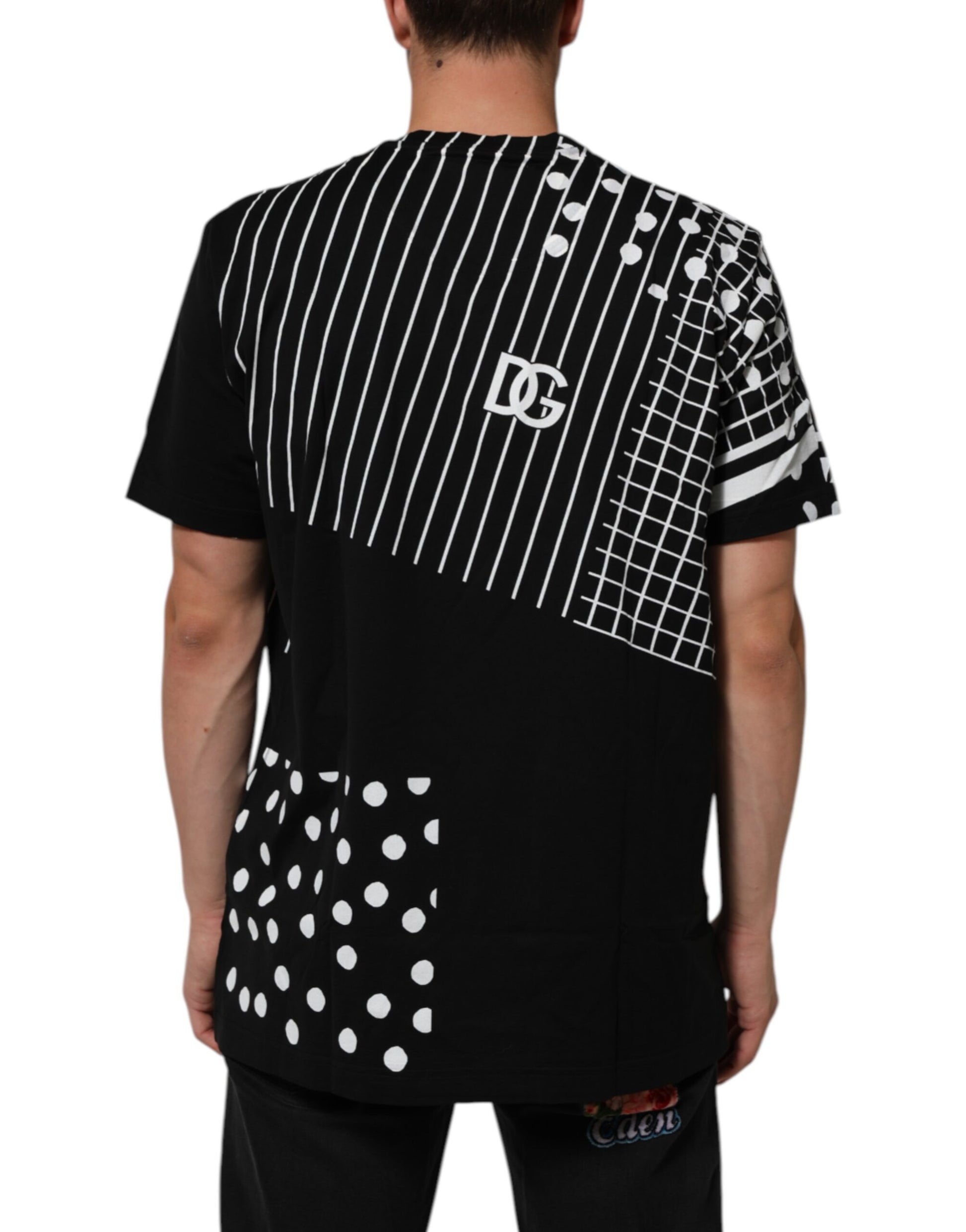 Black t-shirt with white geometric design on back