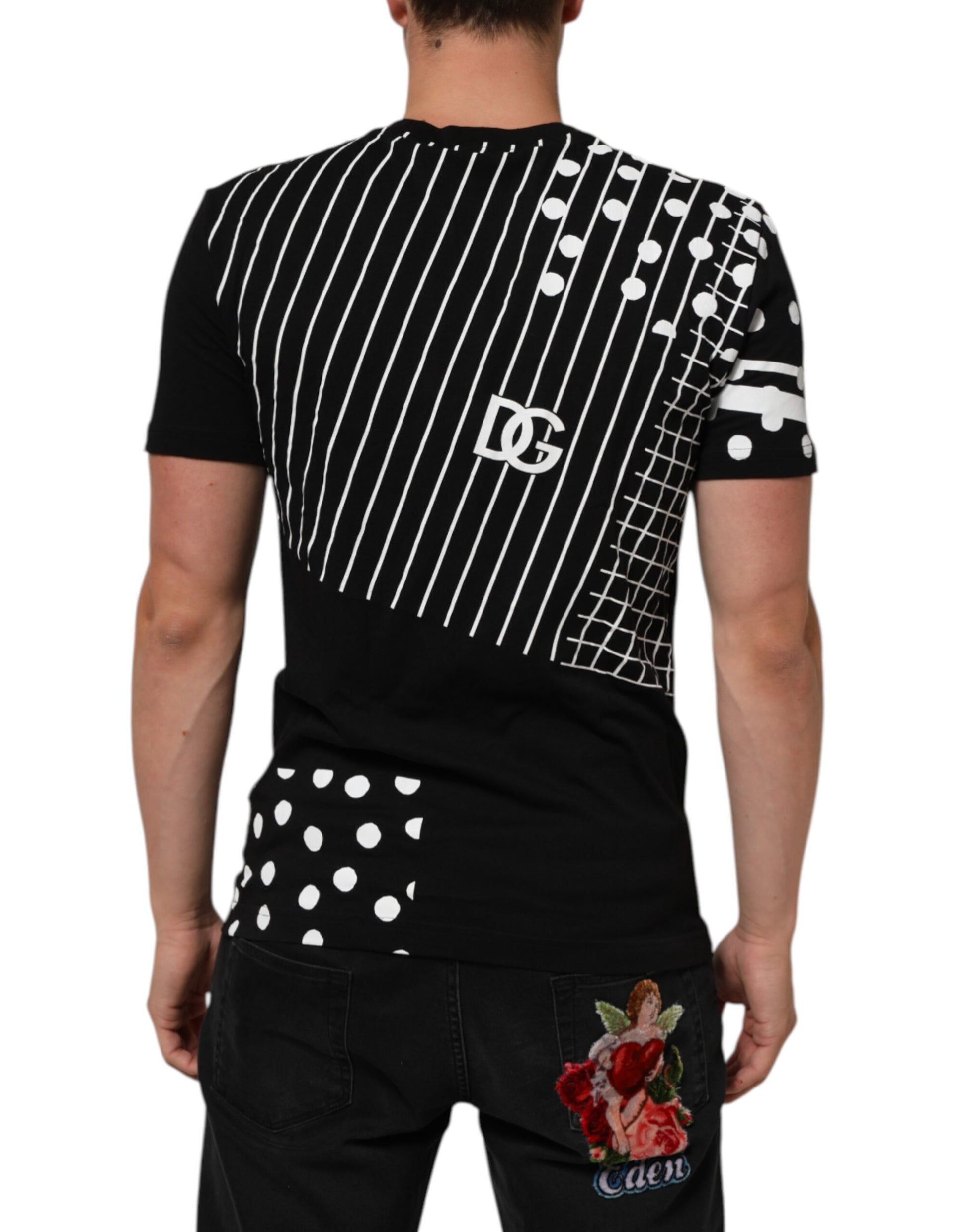 Black t-shirt with white dots and a small logo on back