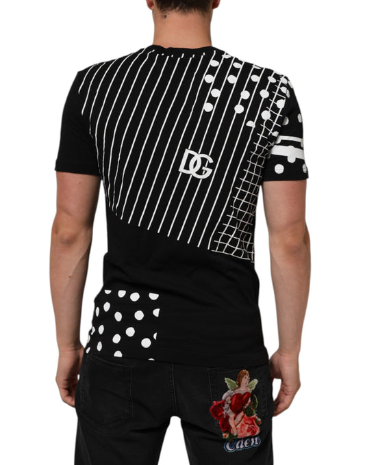 Black t-shirt with white dots and a small logo on back