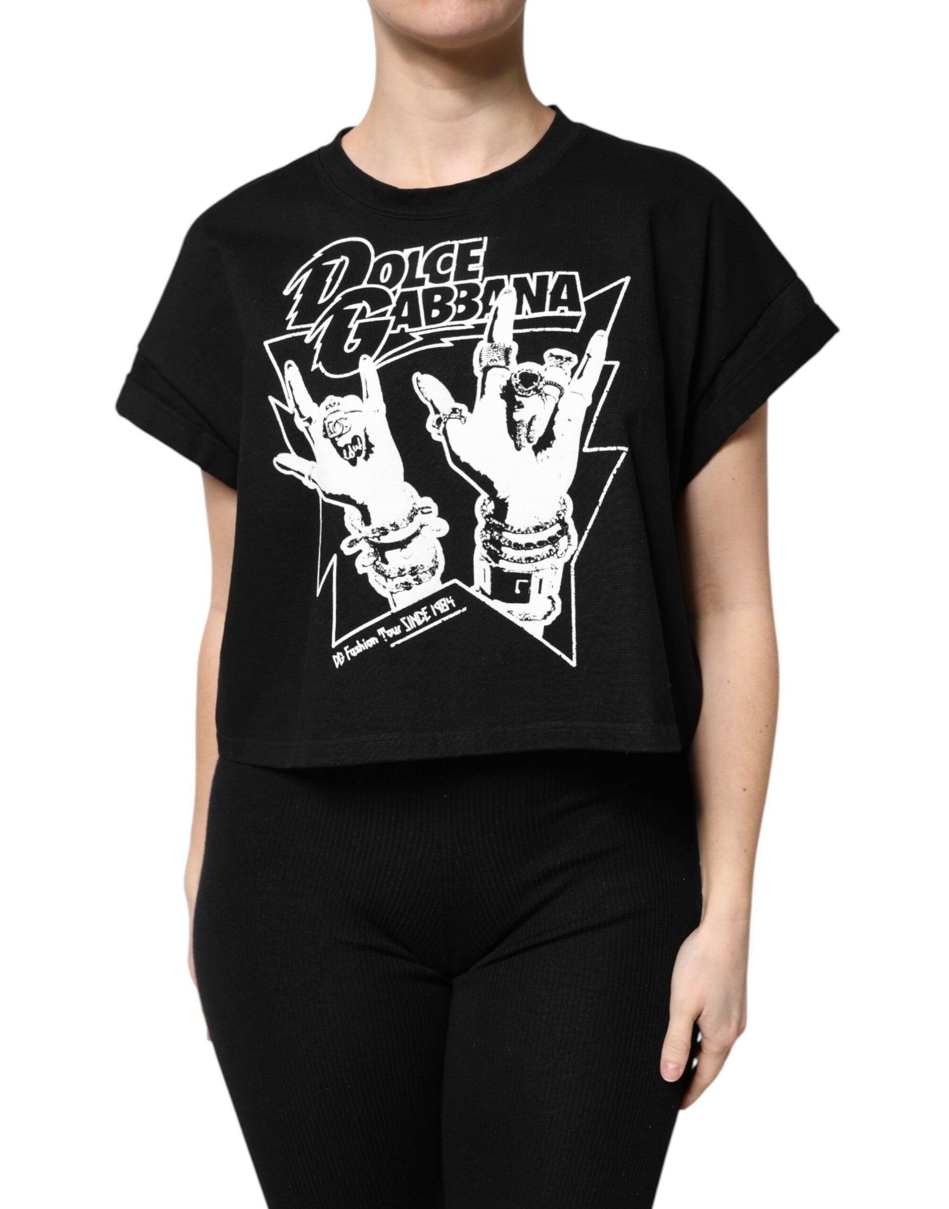 Black t-shirt with graphic design on front
