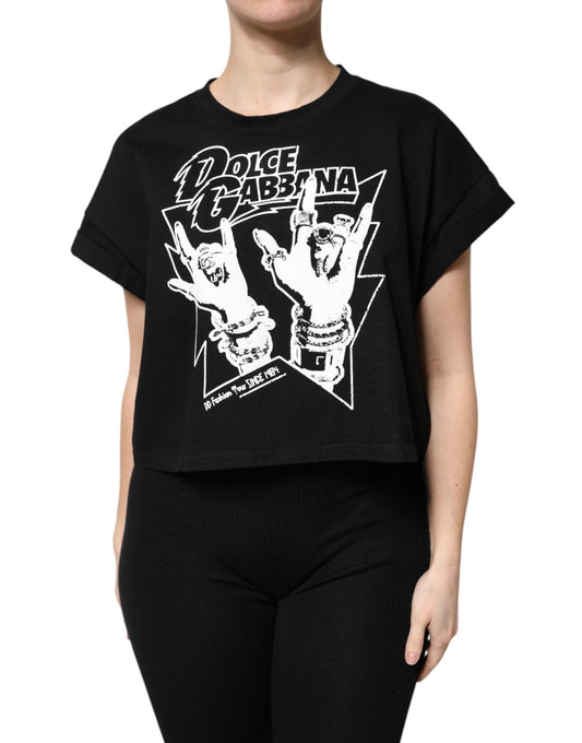 Black t-shirt with graphic design on front