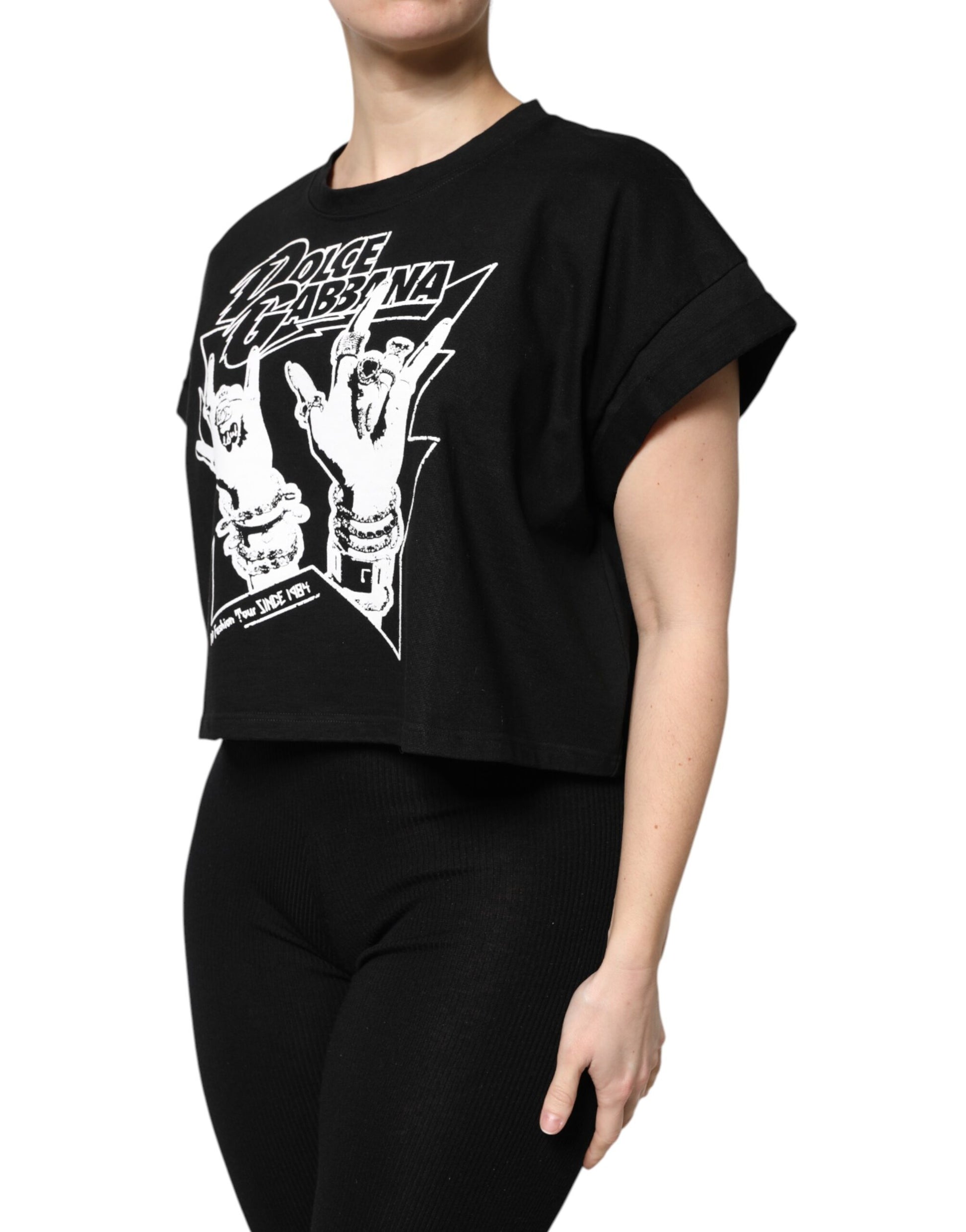 Black short sleeve shirt with white graphic on front