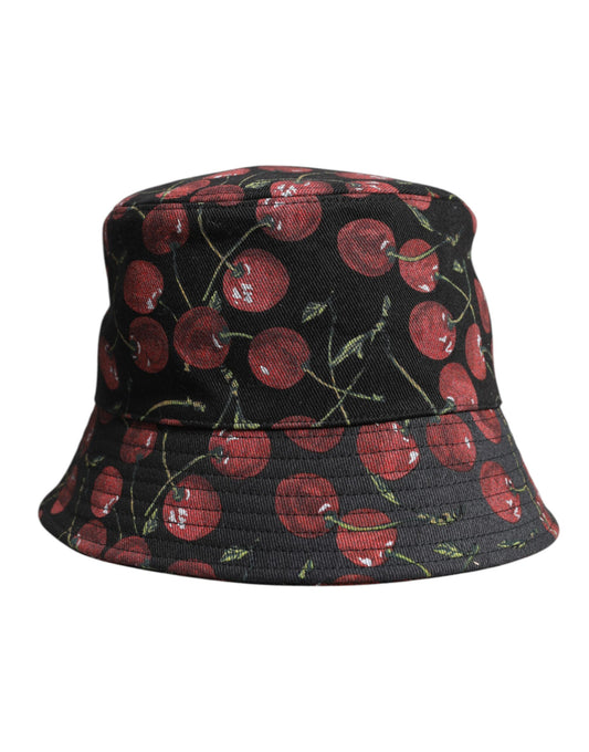 Black bucket hat with red cherry print