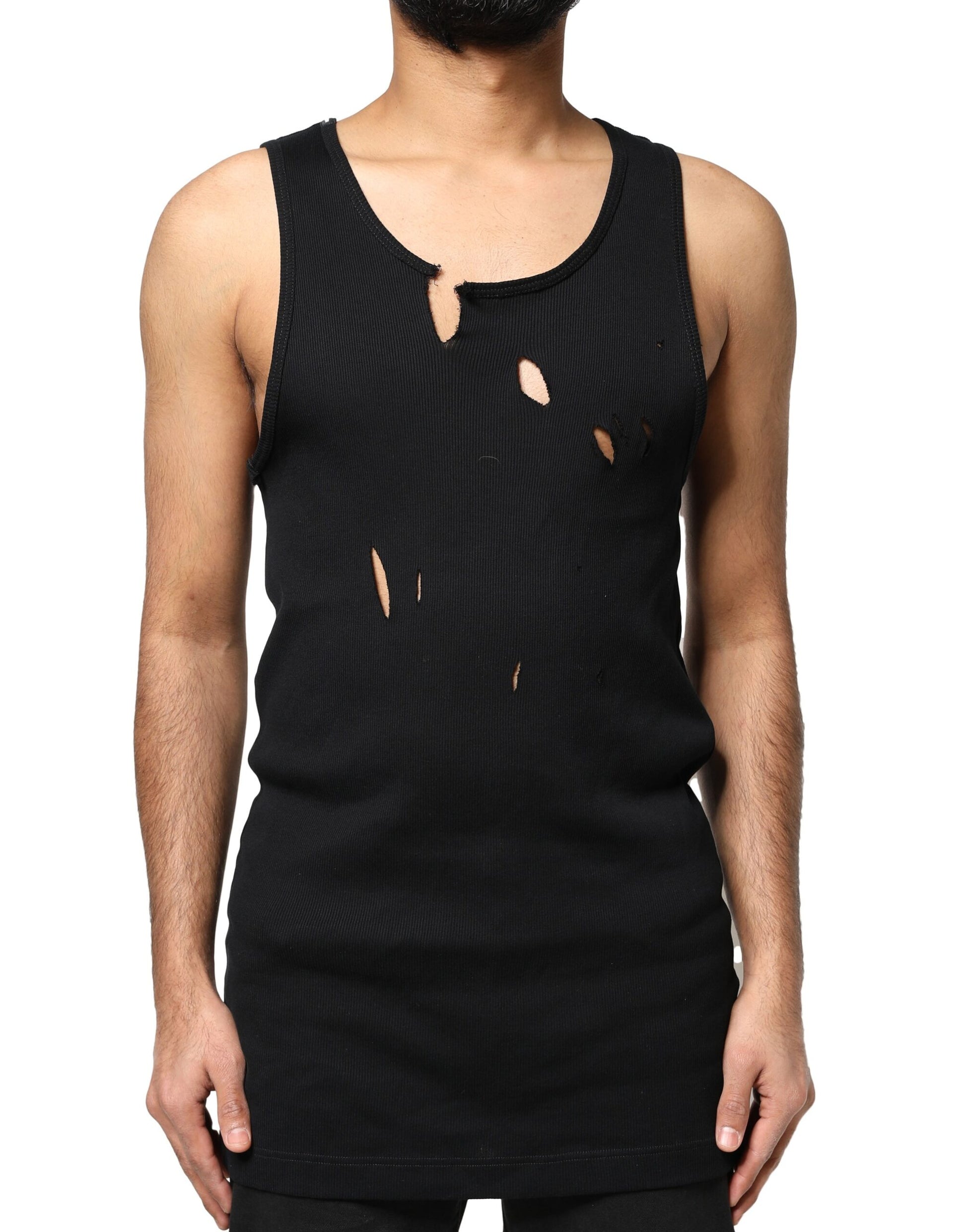 Mannequin wearing black tank top with holes in front