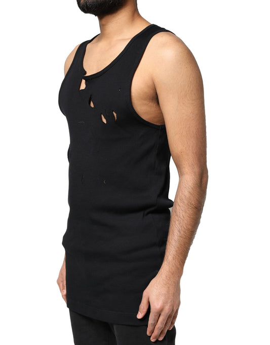 Man wearing black tank top with holes in front