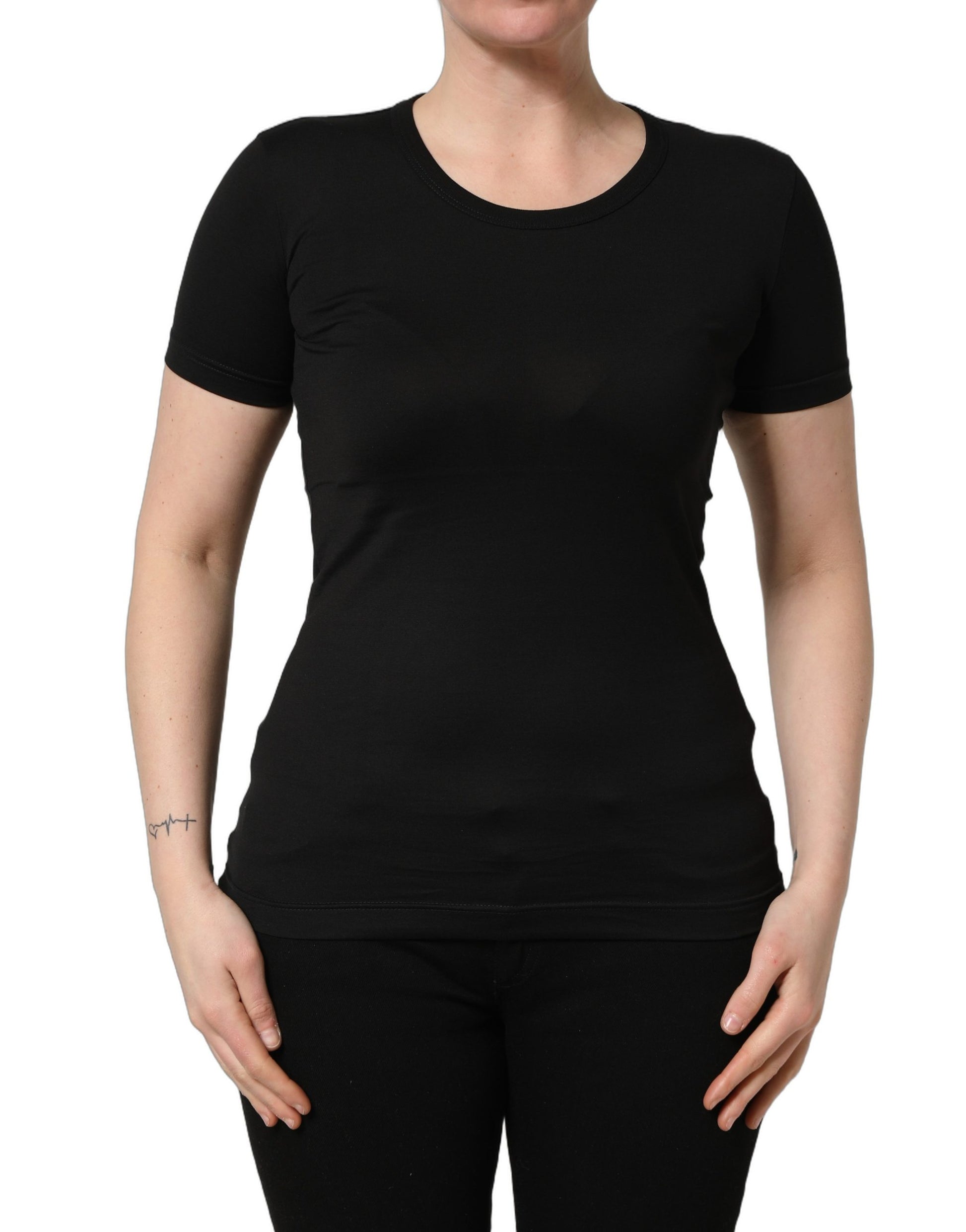 A black cotton t-shirt with a round neck and short sleeves