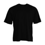 A black cotton t-shirt with round neck and short sleeves