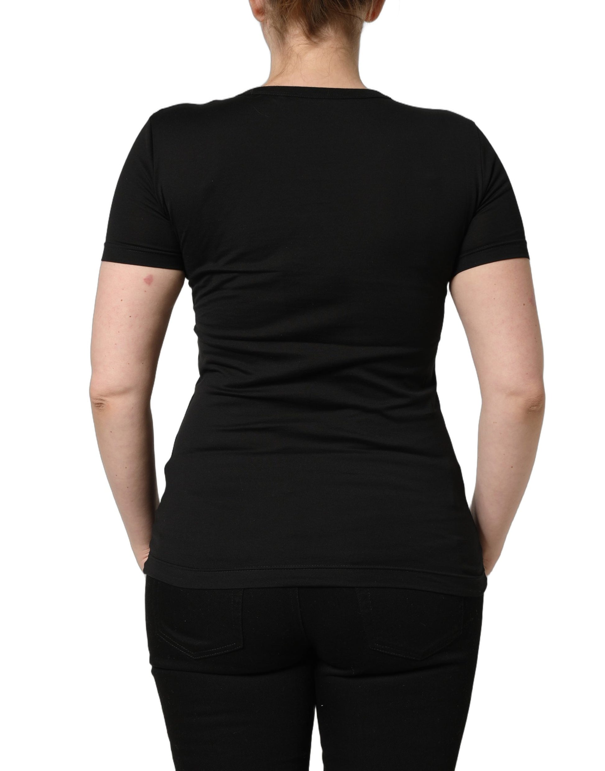 A black cotton round neck short sleeve t-shirt with a fitted silhouette